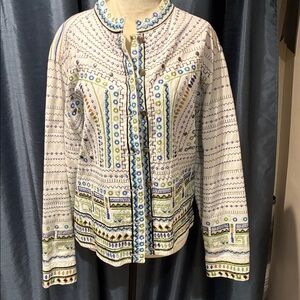 Chico's White Jacket with Blue and Green Embroidery